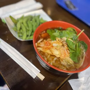 Kimchi ramen and edamame