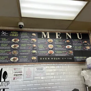 a menu on the wall