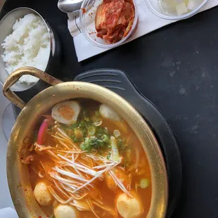 Rainy day basic seafood (default) spicy Ramen. Served with kimchi &amp; rice. $8! Thank You!
