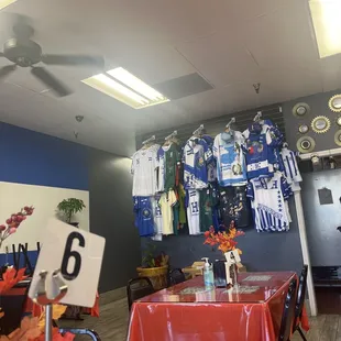 a table with a red table cloth