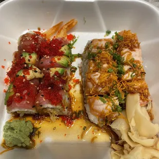 Red dragon roll and salmon tataki roll