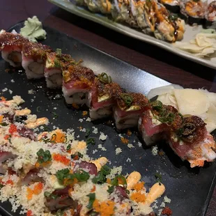 Bottom left : sexy dragon  Top : cherry blossom  On my husbands plate : volcano roll &amp; omg roll