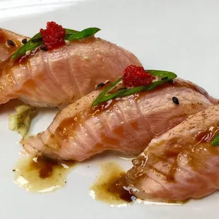Salmon belly nigiri with truffle oil!