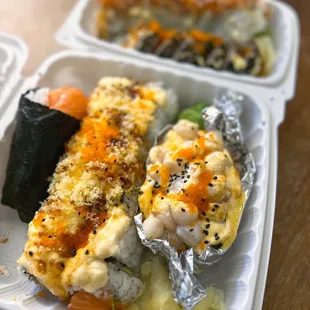 Salmon Avocado Hand Roll, Sounders Roll, Volcano Scallop Roll