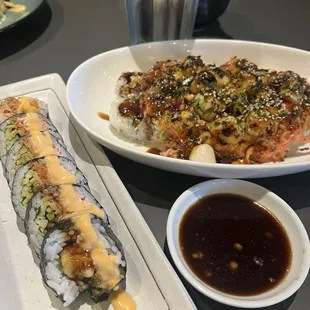 Shrimp Tempura Roll without avocado and the Volcano Roll (Baked)