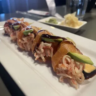 I forget what it's called but it is salmon wrapped around crab meat. Pretty good!
