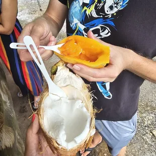 After you finishing drinking the juice, he will cut it in half