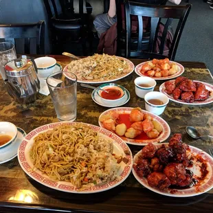 Prok fried rice, chicken chow mein, sweet and sour pork, generally tso chicken, just ridic.