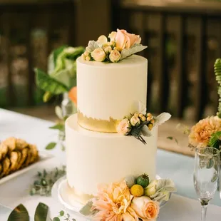 House-made Marshmallow fondant covered wedding cake with painted gold brush design at the San Diego Botanic Gardens!