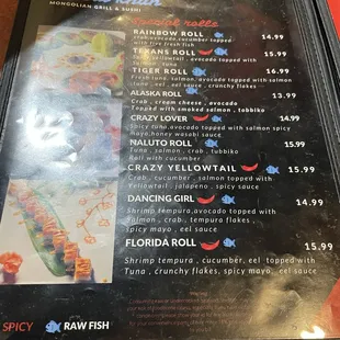 Sushi menu