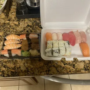 16 piece nigiri.  I have NO CLUE what is there other than stale thawed salmon , bad ahi and imitation meat.
