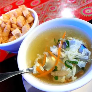 Complimentary egg drop soup with crispy fried wonton