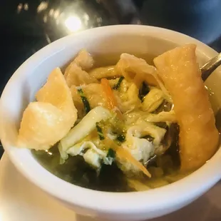 Egg drop soup is complimentary and it also is served with crunchy wontons - so good