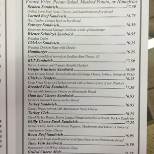 a menu for sandwiches