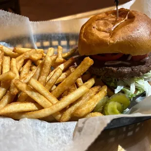 a hamburger and fries