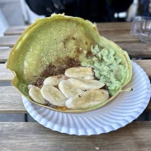 Crispy Apam Balik - a crispy pandan pancake/crepe, filled kaya jam, Nutella, bananas, and cheddar cheese