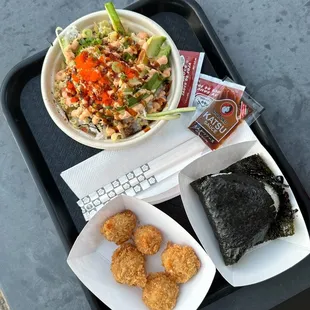 Mt. Fuji don, kombu onigiri, fried oysters