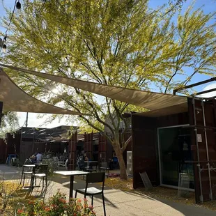 View of the shipping containers and outside eating area