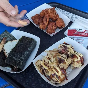 Pork belly onigiri, karaage and takoyaki