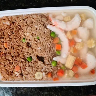 Vegan shrimp with lobster sauce and fried rice