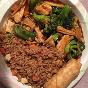 Yellow curry chicken with egg roll.