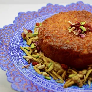 a cake on a blue plate