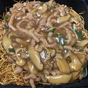 My lunch shredded pork with crispy noodles (no bean sprouts) The pork was tender and lots of shiitake mushrooms!