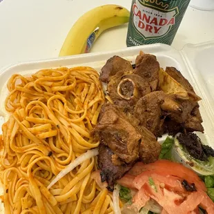 Lamb w pasta. Everything comes w a banana and soda