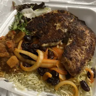 Fish, rice, potato, salad