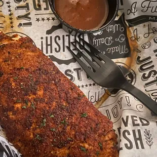 Blackened salmon, jerk sauce on the side