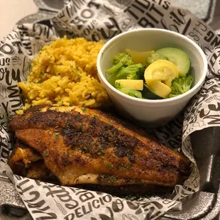 Blackened Catfish with Seasonal Vegetables &amp; @Yellow(Spanish)Rice .. absolutely delicious every time!