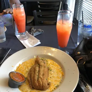 Fish and cheese grits, and some drinks