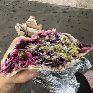 Falafel pita and red cabbage and eggplant