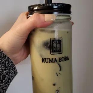 Matcha milk tea with grass jelly