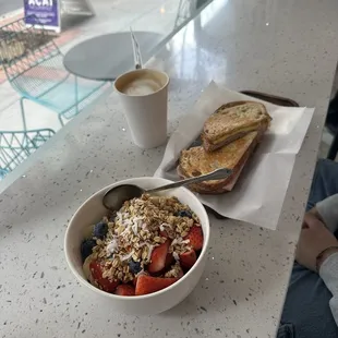 Açaí bowl, ham egg and cheese, cappuccino