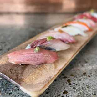 Nigiri Tasting (view 2): Chu-Toro, Aji, Hamachi, Hirame, Masu Toro, Kanpachi, Ankami, Engawa | 8 pc - $48