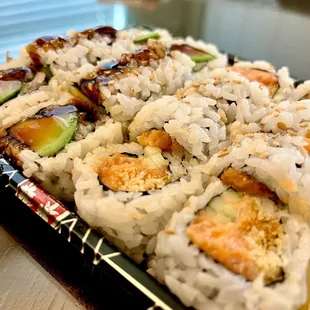 Eel roll and spicy salmon roll: simple and delicious. I always order extra spicy mayo for dipping