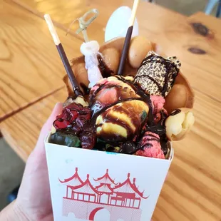 Rainbow vanilla with toasted marshmallow, mochi, gummi bears and chocolate syrup!!