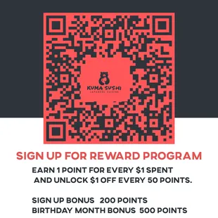 Sign Up for Kuma Sushi Reward Program!!!