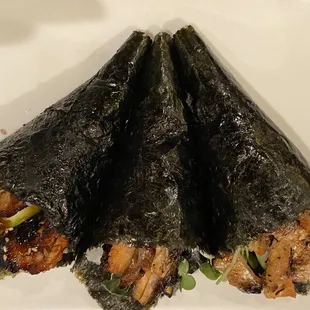 Eel and Salmon Skin Hand Rolls