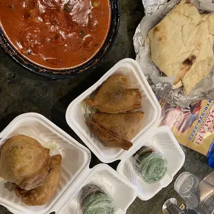 Chicken Tikki Marsala /w Rice and fresh Naan, two orders of Vegetable Samosas for later