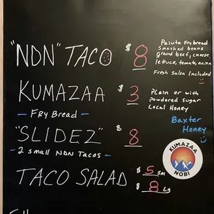 a menu on a blackboard