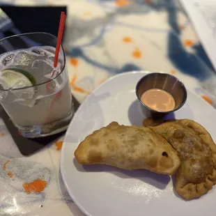 a plate of food and a drink