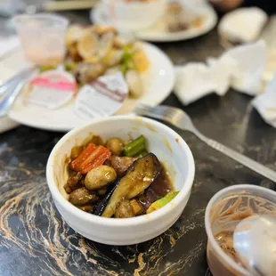 Eggplant tofu garlic sauce stirfry and beef veggie stirfry (lunch)