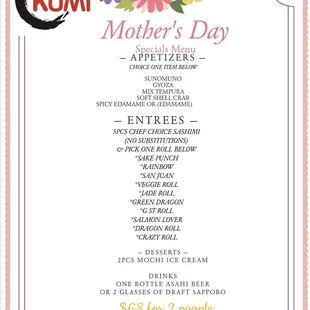 Mother&apos;s Day special menu