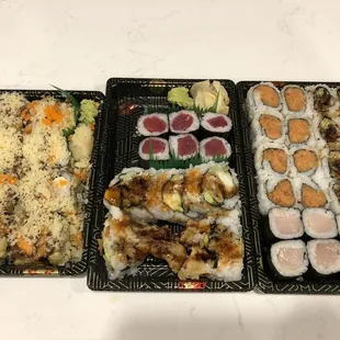 Titanic Roll, Tuna Roll, Spider Roll, Spicy Tuna Roll, Eel/Cucumber Roll, and Yellowtail Roll