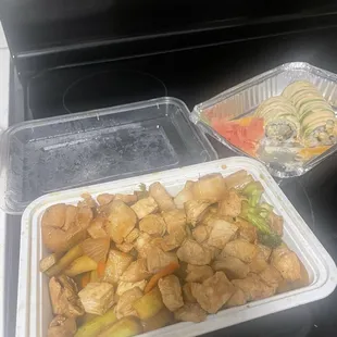 Chicken and scallop hibachi and a sushi roll