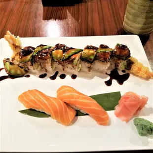 Crazy Dragon Roll and Salmon (Sake) Nigiri
