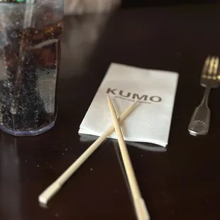 a fork, knife and napkin on a table