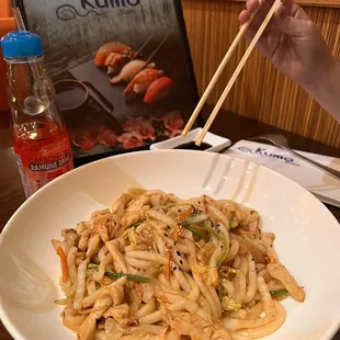 Yaki Udon. Flavor was spot on, just a touch too oily. That small aspect didn't give me any hesitation to eat my daughter's leftovers.